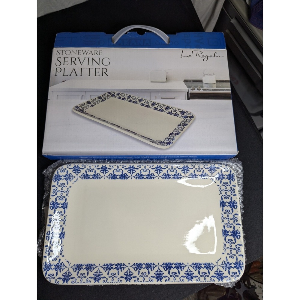 Le Regalo Stoneware Serving Platter Blue white oven microwave freezer safe NEW - Picture 1 of 8